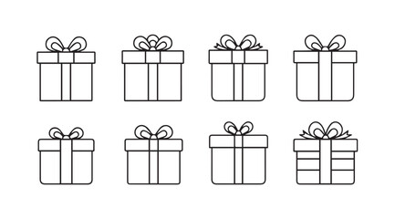 Collection of eight hand drawn gift boxes with ribbons silhouette