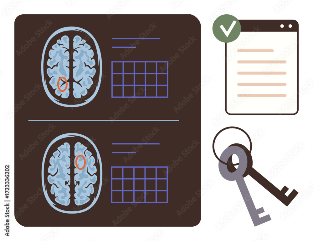 Poster graphic of brain scans with analysis data, security keys, and a checklist. ideal for neuroscience, d