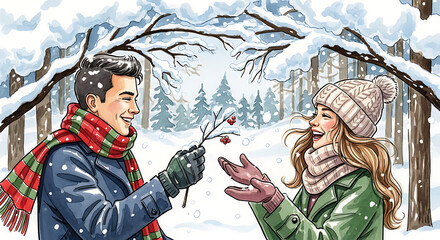 Cartoon illustration of couple in snowy winter scene