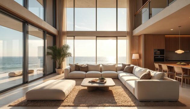 Fototapeta Luxurious beachfront living room with stunning ocean view. Minimalist beige furniture complements spacious interior design, large windows. Modern home with neutral decor creates serene atmosphere.