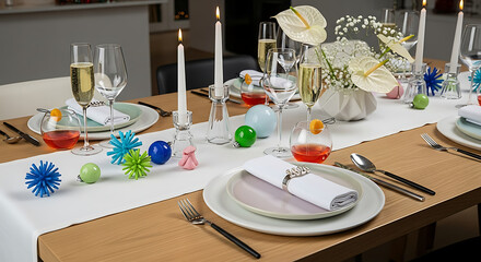 Festive table setting with candles, flowers, and colorful decorations