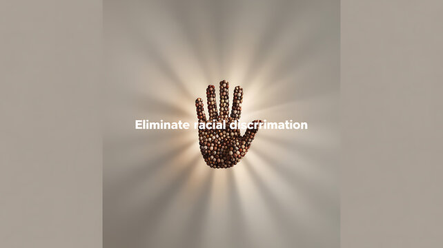 A hand composed of diverse skin tones with radiant light beams, symbolizing unity and the message to eliminate racial discrimination.