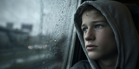 Cinematic emotional portrait of a melancholic teen boy on rainy train. Hyper-realistic close-up of a teenage boy in a hoodie staring out a rainy train window, lost in thought. Generative Ai.