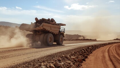 Fototapeta premium Massive industrial dump truck hauling a heavy load of earth and rock, kicking up dust on a dirt road in an open-pit mine