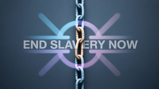 A broken chain with the text 'END SLAVERY NOW' overlaid on a symbolic background