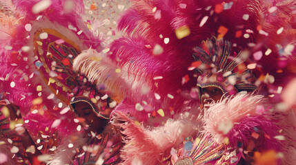 Junkanoo Festival Dancers Covered in Pink Feathers and Confetti During Colorful Bahamas Carnival Street Parade