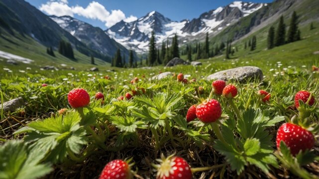 Lush green meadow filled with vibrant strawberries, surrounded by majestic mountains under a clear sky
