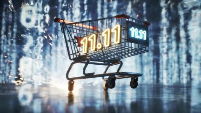 Shopping cart showing 1111 against digital background. Ideal for concepts related to online shopping, ecommerce, sales, and marketing campaigns.
