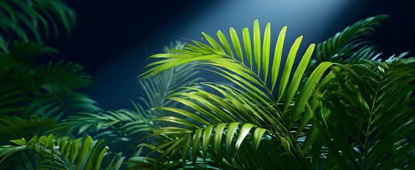 Obraz premium Palm leaves form a vibrant green tropical backdrop highlighted by dramatic lighting.