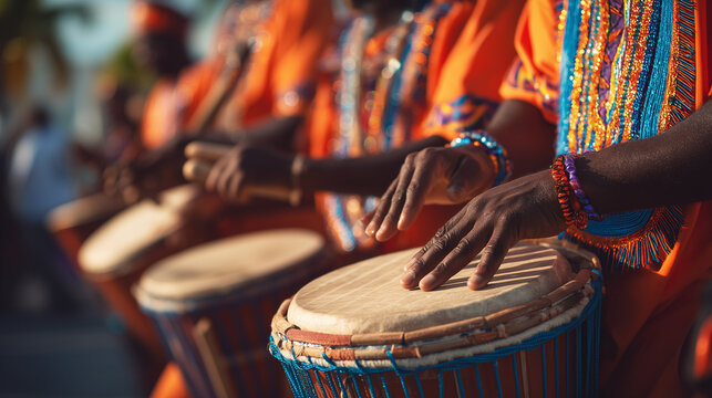 Junkanoo Festival Drummers Playing Traditional Caribbean Rhythms with Vibrant Orange Costumes and Beaded Details