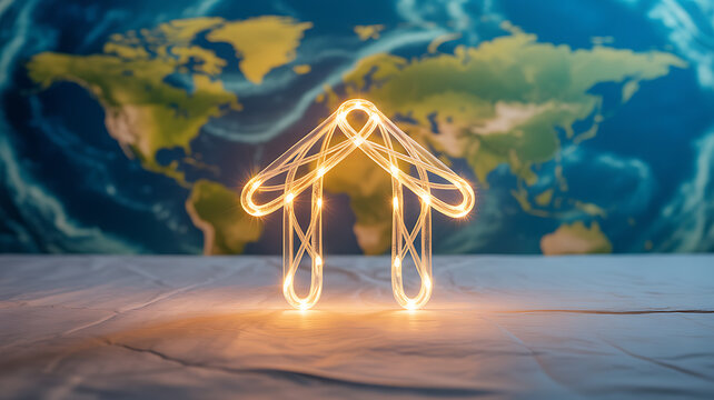 Illuminated wireframe house model on a table with world map background