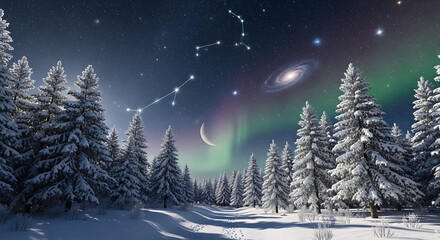 Snowy forest landscape with aurora borealis, constellations, and crescent moon