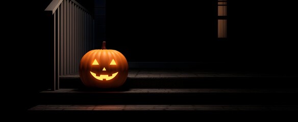Fototapeta premium The pumpkin lantern emits a gentle warm light on the rustic porch steps.