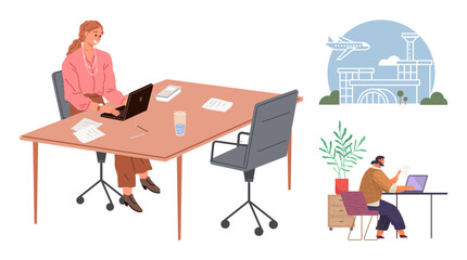 Woman at desk typing on laptop surrounded by files, colleague working remotely, airport and travel scene in inset. Ideal for teamwork, remote work, travel planning, productivity, coworking, business