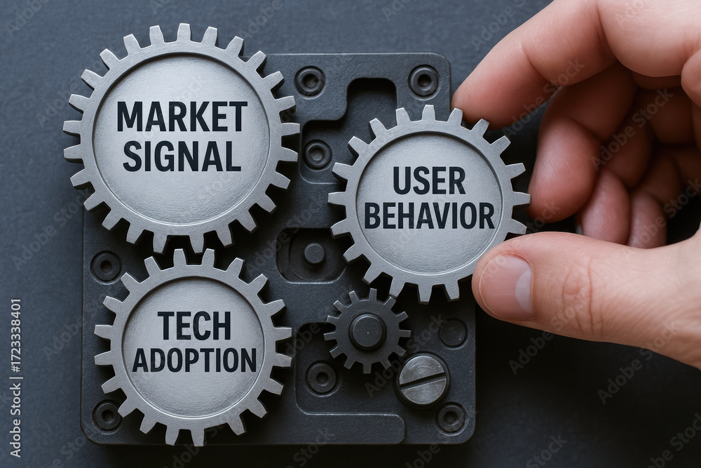 Poster innovative strategy gears represent framework connecting market signal user behavior and tech adopti