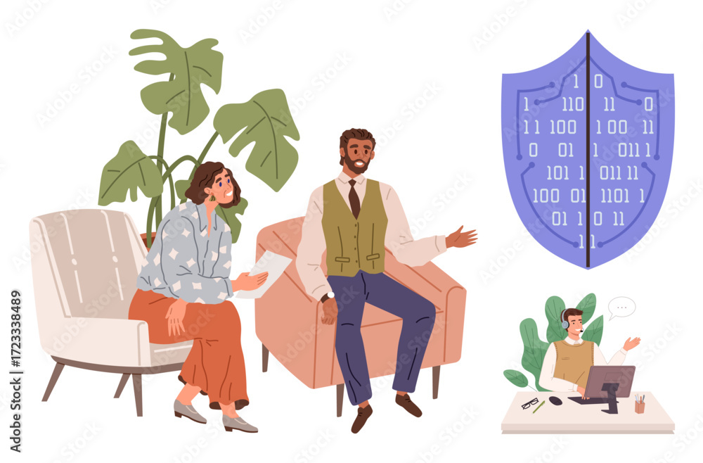 Poster Team brainstorming strategies while seated with a visible binary shield representing cybersecurity. A remote worker contributes via laptop. Ideal for teamwork, cybersecurity, remote work, IT