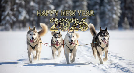 Four huskies pulling a sled in the snow with "happy new year 2026" text overlay