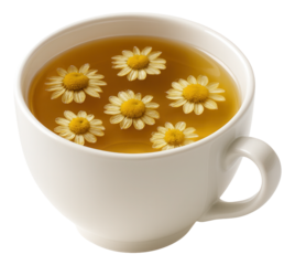 Porcelain cup of chamomile tea with visible floating dried chamomile blossoms.