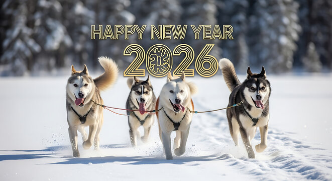 Four huskies pulling a sled in the snow with "happy new year 2026" text overlay