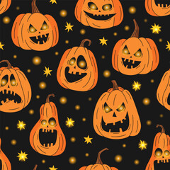 Halloween seamless pattern scary pumpkins and sparkled stars on dark background. Festive vector illustration for textile, wrapping, packaging design, wallpaper and party decoration.
