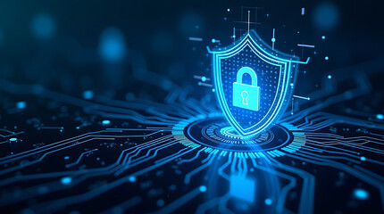 Digital Padlock Security Icon Protected by a Shield on a Blue Circuit Board Background