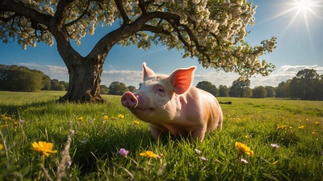 Playful piglet roaming in a vibrant meadow under a blossoming tree on a sunny day