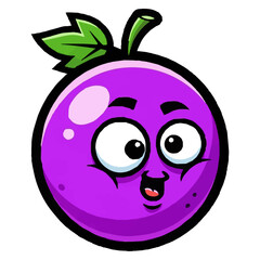Obraz premium Surprised Cartoon Purple Grape Character, Funny Berry Mascot with Puffy Cheeks, Astonished Grape with Leaf Illustration, food-related humor, healthy eating campaigns, and engaging marketing materials 