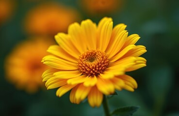 Obraz premium Bright yellow calendula flower, green blurred background. Closeup shot of petals, nature details, botany, sunny day. Herbal medicative plant for health, beauty, skincare. Summer blooms, garden.
