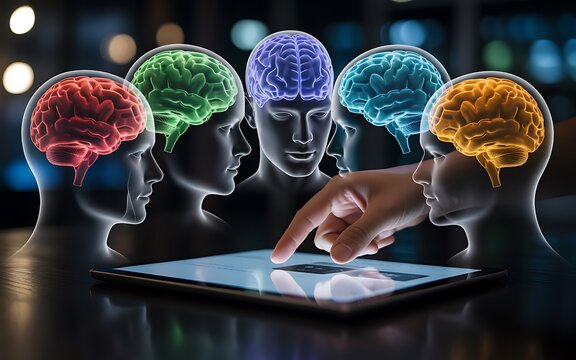 Human brains glowing in various colors surrounding a digital tablet with a hand interacting with it human head - Powered by Adobe