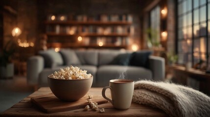Fototapeta premium A ceramic bowl of popcorn and a steaming cup of hot drink on a wooden table, in a cozy living room with sofa, bookshelves, and warm lights.
