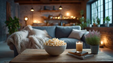 A ceramic bowl of popcorn on a wooden table with a candle and potted plant, in a living room with sofa, cushions, and evening lights.