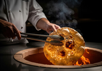 A chef skillfully uses tongs to remove a perfectly golden, puffy naan bread from a traditional hot tandoor oven.