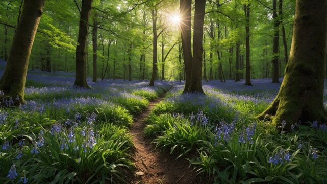 Serene forest path winding through vibrant bluebell flowers under sunlight in a lush green woodland