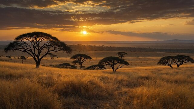 Serene sunset over a vast savannah landscape with acacia trees silhouetted against a golden sky