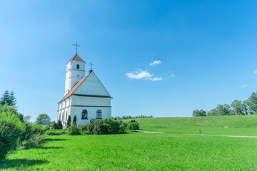 Fototapeta premium Transfiguration Cathedral a church in Zaslavl, Belarus. Architectural marvel Transfiguration Cathedral originally a Calvinist church in Belarus. Grand cathedral in Belarusian architectural heritage.