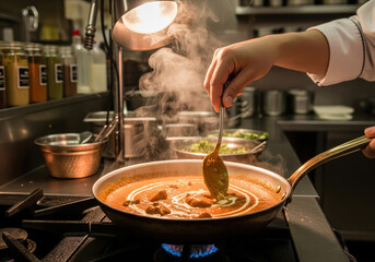 Chef's Hand Stirring Creamy Punjabi Butter Chicken in a Restaurant Kitchen