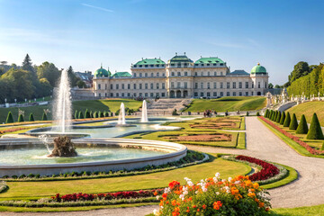 Belvedere palace in austria with ornate gardens fountains and blue sky view