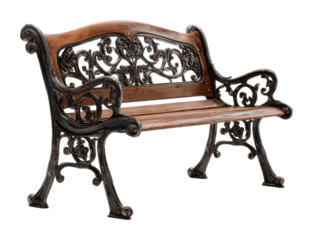 Elegant wooden bench in park furniture relaxing environment isolated on transparent background