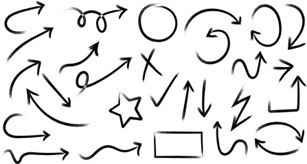 Hand drawn arrows set grunge doodle design, circle rectangle cross star correct tick infographic symbols, Vector collection