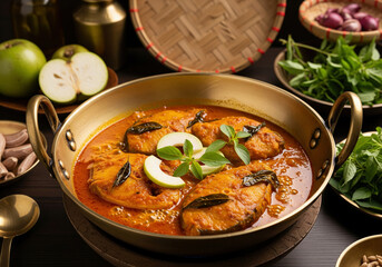 Aromatic Assamese Fish Tenga Curry in a Golden Bowl on a Dark Table