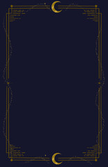 Astrological celestial frame. Crescent mystical decorative empty border, adorned with golden stars and moons. Mystic art deco style magical, astrological background with golden space symbols