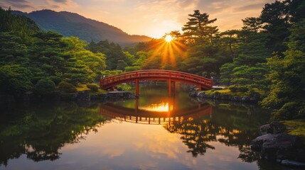 Sunset Serenity: A Japanese Garden's Tranquil Beauty