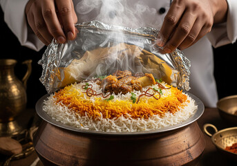 Chef unveils a steaming pot of authentic Indian Hyderabadi biryani