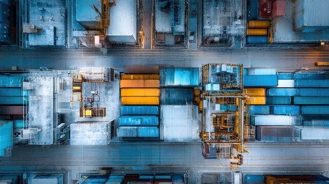 facility. An aerial view of geometric shipping containers forming an abstract industrial landscape. safety posters. - Powered by Adobe
