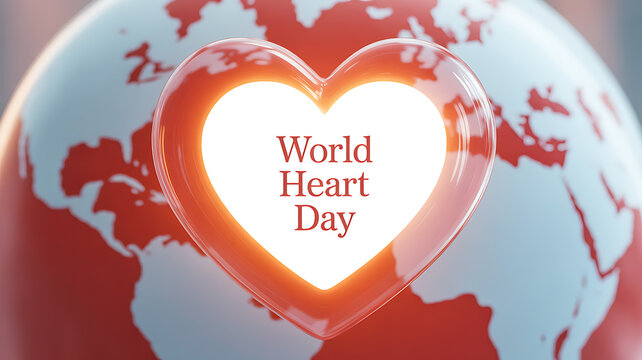 World Heart Day symbol featuring a glowing heart over a globe, promoting global cardiovascular health awareness.