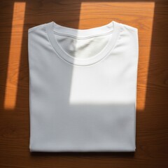 Folded white t-shirt on wooden surface with sunlight streaming through window