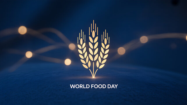 World Food Day logo featuring illuminated wheat stalks on a dark blue background with glowing connections