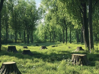 Wide shot of the grassy area in front of trees with tree stumps scattered around, a forest clearing on a bright day.