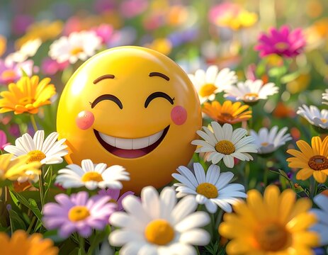 Happy emoji surrounded by flowers