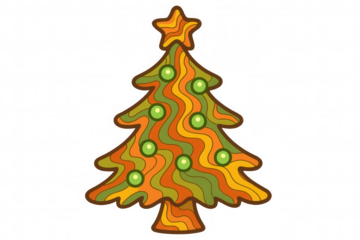 Retro christmas tree with wavy psychedelic pattern and star, celebrating vintage festive holiday design